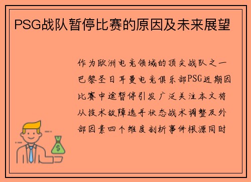 PSG战队暂停比赛的原因及未来展望